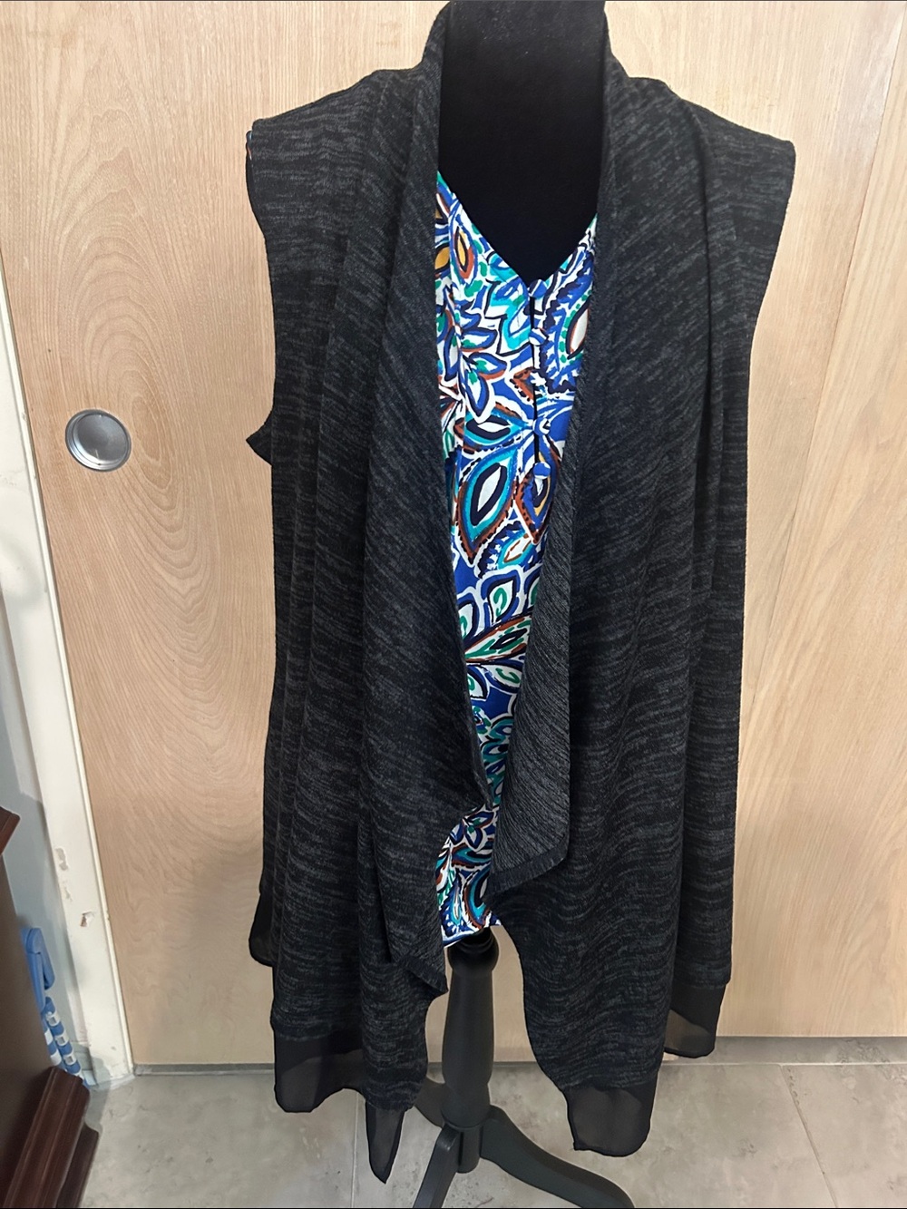LOGO by Lori Goldstein Charcoal Open-Front Draped Sweater Vest